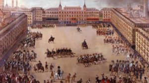 El grabado representa una Fiesta Real celebrada en la Plaza Mayor en 1623.