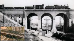 El antiguo Puente de Vallecas (1851) y sus famosos tres ojos, ya muy cercano al vertido de las aguas de arroyo Abroñigal en el río Manzanares. Debajo lo vemos en la actualidad, atravesado por la M-30, que soterró el arroyo Abroñigal.